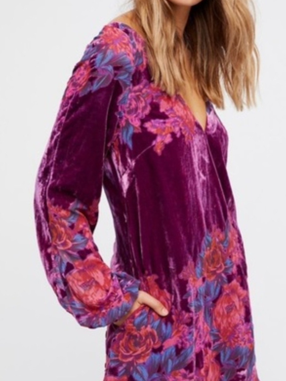 Free People Velvet Floral V-Neck Tunic in Deep Magenta and Pink